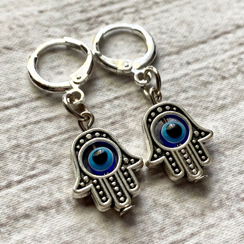 Silver Hamsa & Evil Eye Hoop Earrings